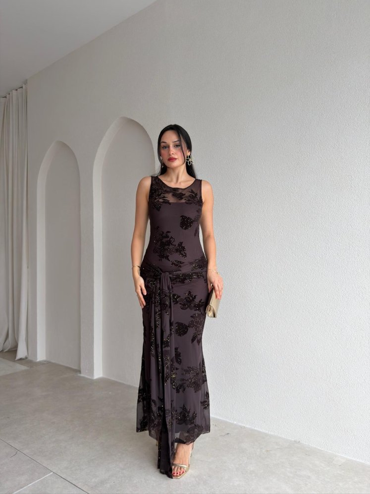 OLERA Simli Maxi Elbise 6551 - Acı Kahve - Mooi Butik