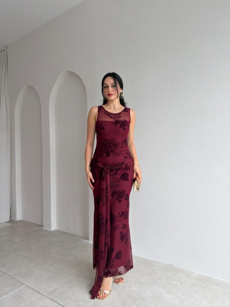 OLERA Simli Maxi Elbise 6551 - Bordo - Mooi Butik