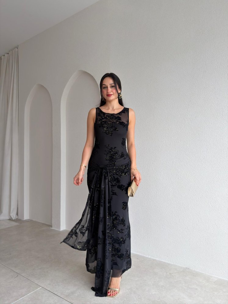 OLERA Simli Maxi Elbise 6551 - Siyah - Mooi Butik