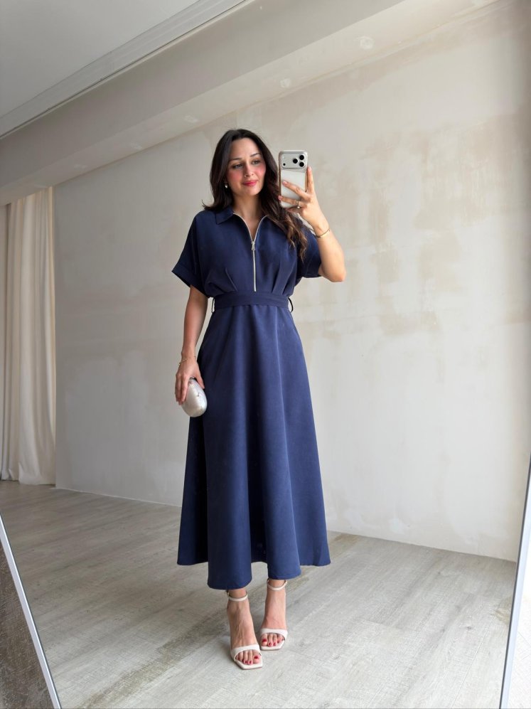OLWEN Midi Elbise 4211 - Lacivert - Mooi Butik