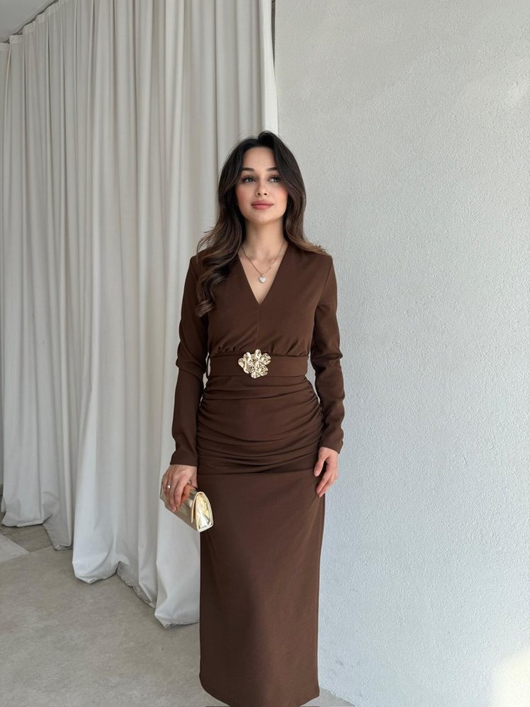 OMNİA Midi Elbise 8411 - Kahverengi - Mooi Butik