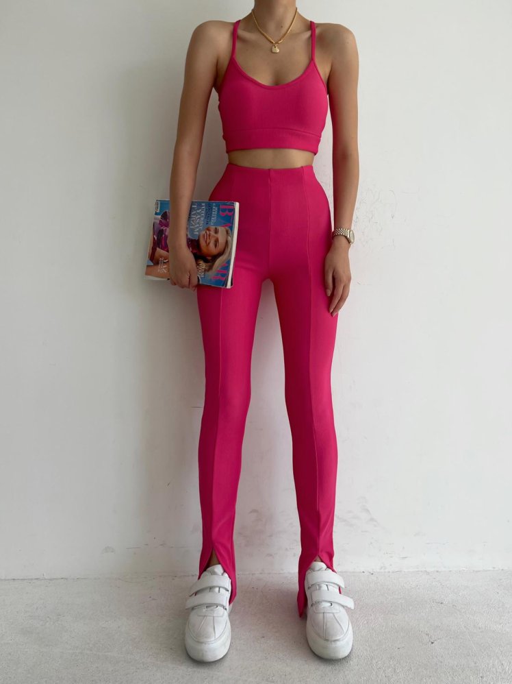 Front Slit High Waist Naomi Leggings 6137 - Pink - Mooi Butik