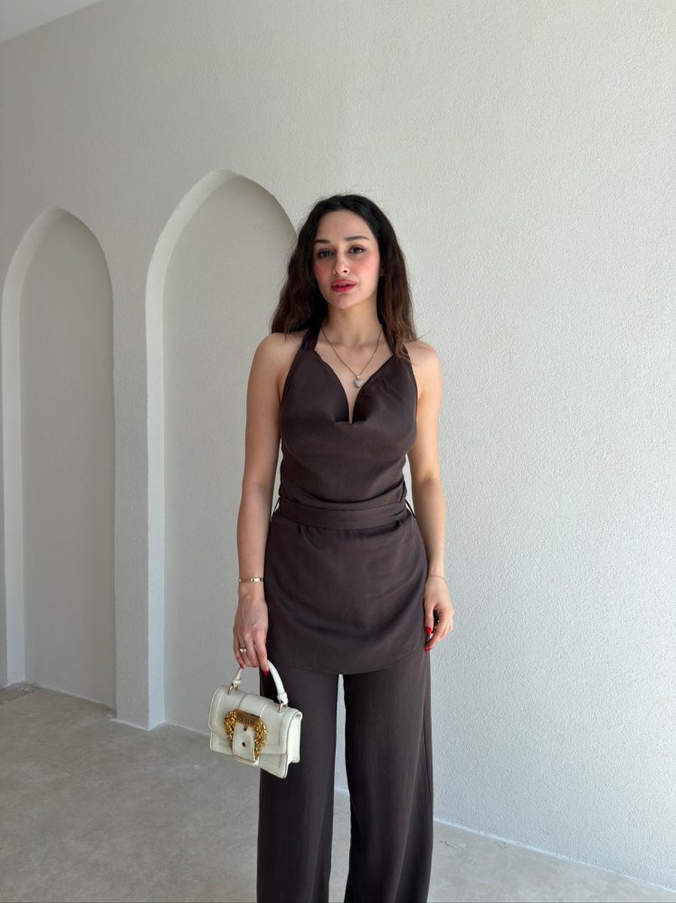 ORENDA Saten Kuşaklı Takım 5487 - Acı Kahve - Mooi Butik