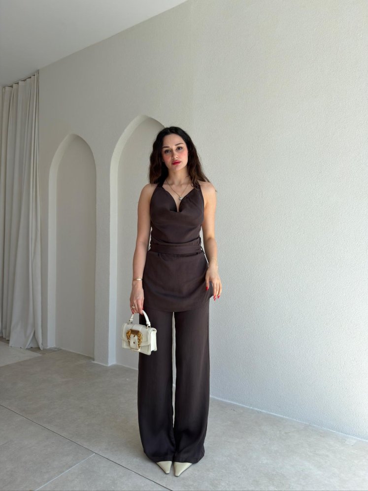 ORENDA Saten Kuşaklı Takım 5487 - Acı Kahve - Mooi Butik