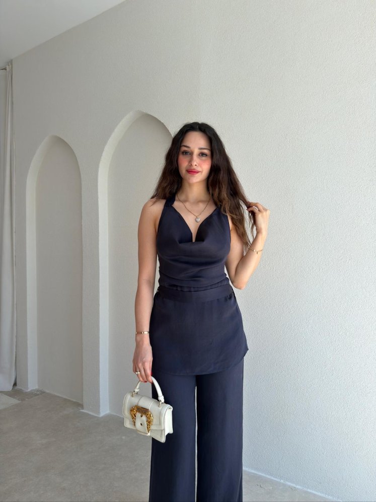  ORENDA Saten Kuşaklı Takım 5487 - Lacivert - Mooi Butik