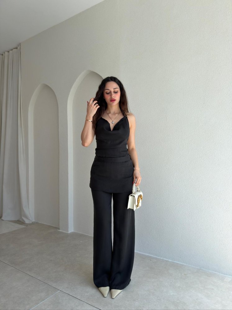 ORENDA Saten Kuşaklı Takım 5487 - Siyah - Mooi Butik