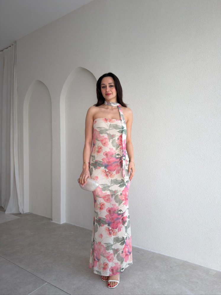 ORETTA Fularlı Straplez Maxi Elbise 7789 - Pudra - Mooi Butik