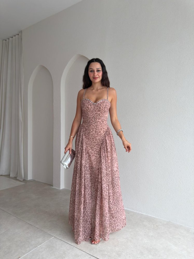 PAPİLLA Desenli Maxi Elbise 1503 - Kahverengi - Mooi Butik