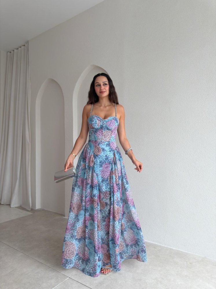 PAPİLLA Desenli Maxi Elbise 1503 - Mavi - Mooi Butik