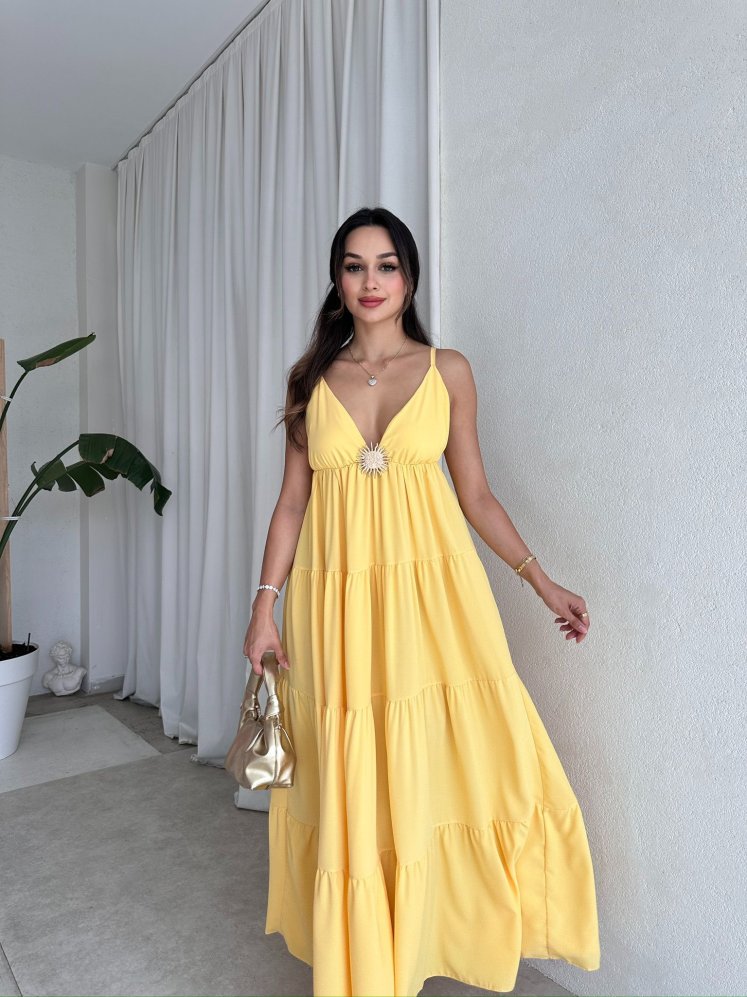 PAYNE Güneş Broşlu Elbise 8055 - Sarı - Mooi Butik
