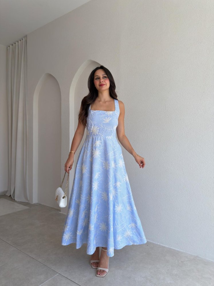 PERGE Midi Elbise 3040 - Bebe Mavisi - Mooi Butik