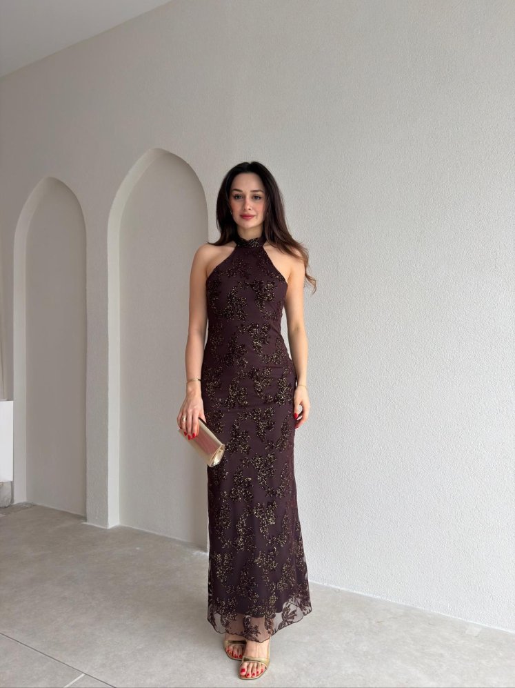 PERLA Simli Maxi Elbise 5450 - Acı Kahve - Mooi Butik