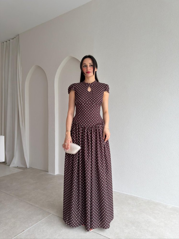 PİGLET Puantiyeli Maxi Elbise 8849 - Acı Kahve - Mooi Butik