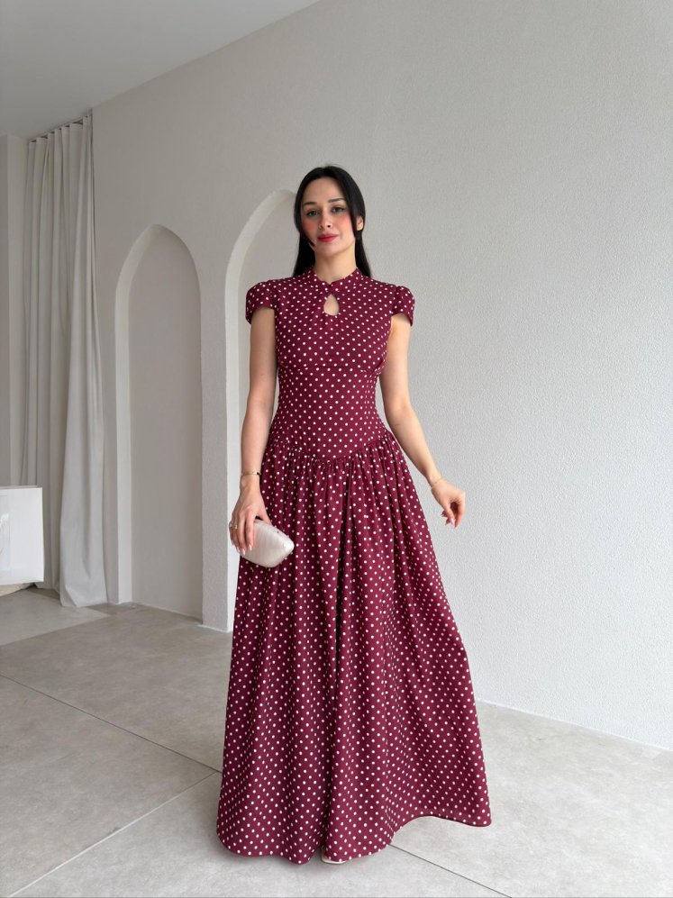 PİGLET Puantiyeli Maxi Elbise 8849 - Bordo - Mooi Butik