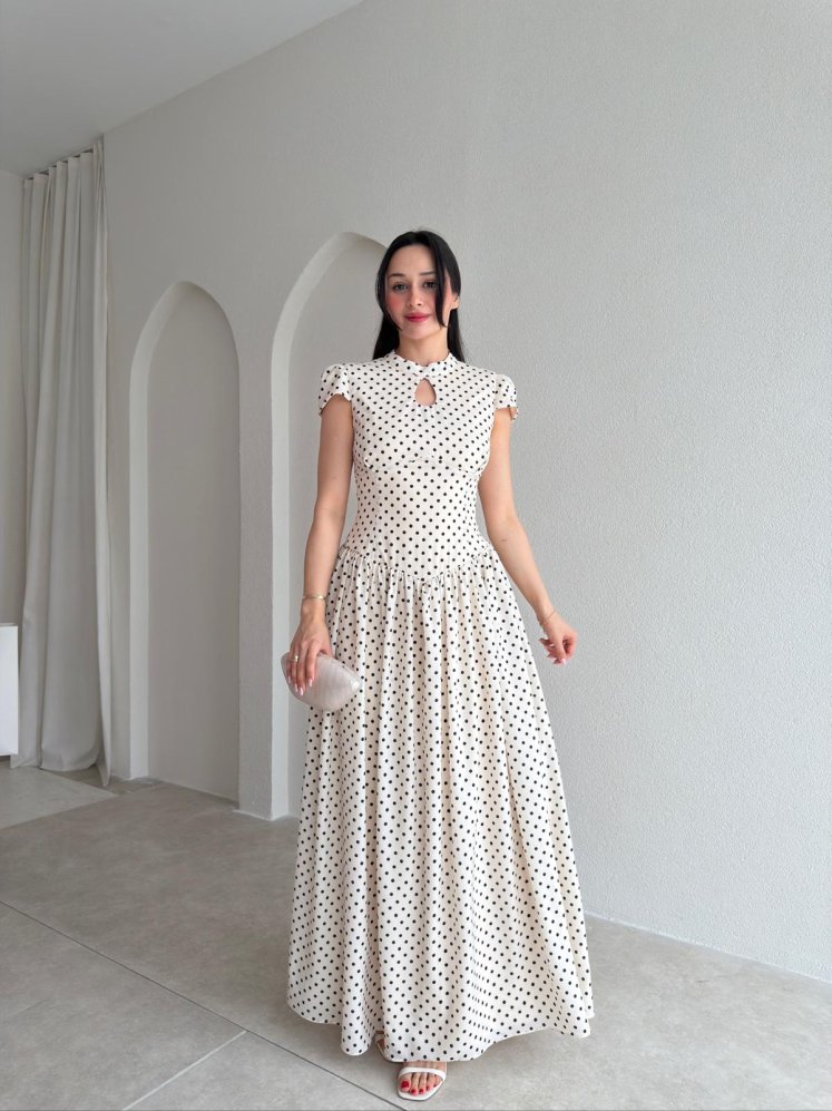 PİGLET Puantiyeli Maxi Elbise 8849 - Krem Rengi - Mooi Butik