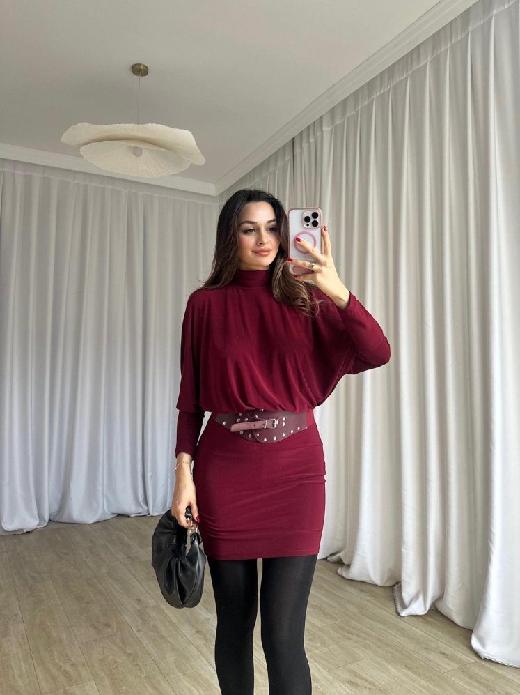 PİXİE Kemerli Mini Elbise 4725 - Bordo - Mooi Butik