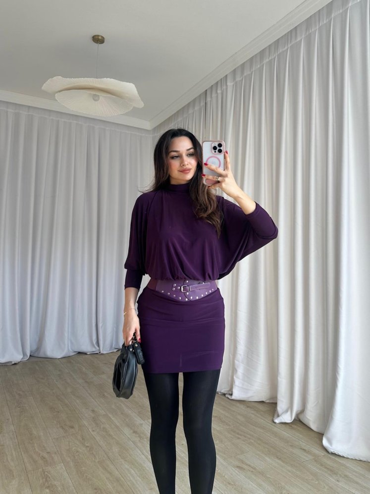 PİXİE Kemerli Mini Elbise 4725 - Mor - Mooi Butik