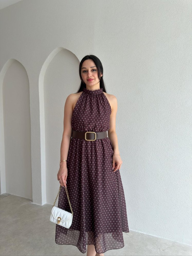  POİNT Kemerli Midi Elbise 2039 - Acı Kahve - Mooi Butik