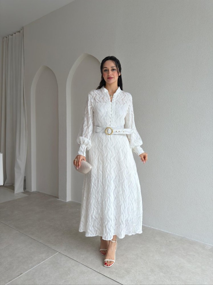 POLENA Desenli Midi Elbise 4159 - Beyaz - Mooi Butik
