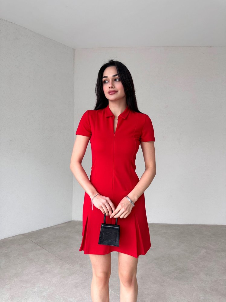 Polo Yaka Fermuarlı Folk Elbise - Kırmızı - Mooi