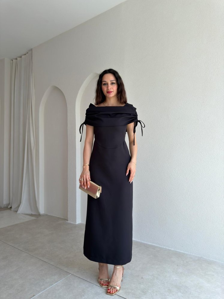 PONZA Yaka Detaylı Midi Elbise 4928 - Siyah - Mooi Butik