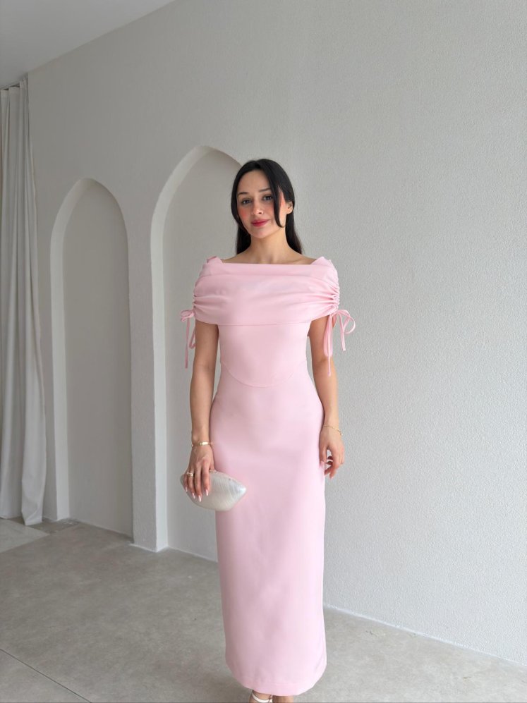 PONZA Yaka Detaylı Midi Elbise 4928 - Pudra - Mooi Butik