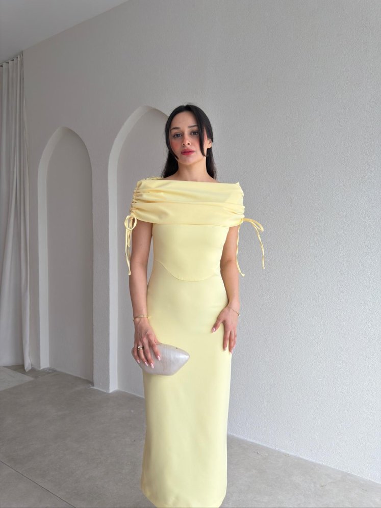 PONZA Yaka Detaylı Midi Elbise 4928 - Sarı - Mooi Butik
