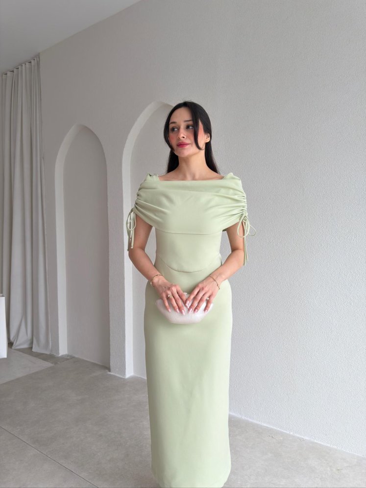 PONZA Yaka Detaylı Midi Elbise 4928 - Su Yeşili - Mooi Butik