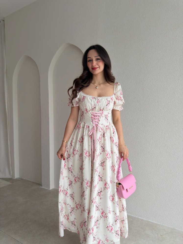 PRES Çiçek Desenli Midi Elbise 5448 - Krem Rengi - Mooi Butik
