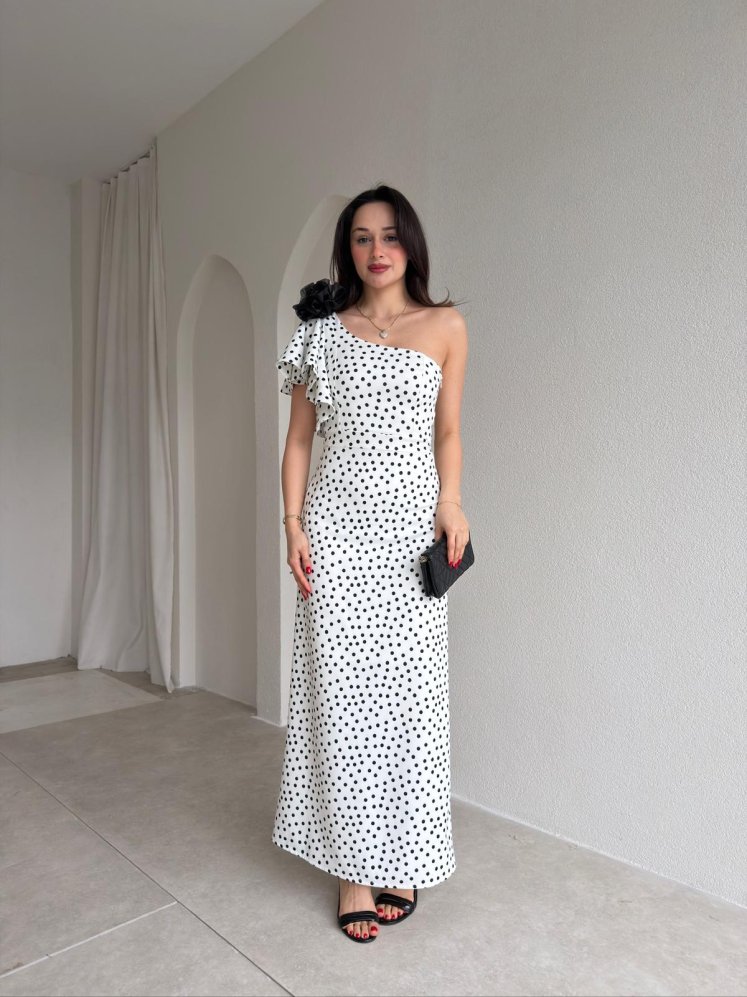 PROUD Puantiyeli Tek Omuz Elbise 1809 - Beyaz - Mooi Butik