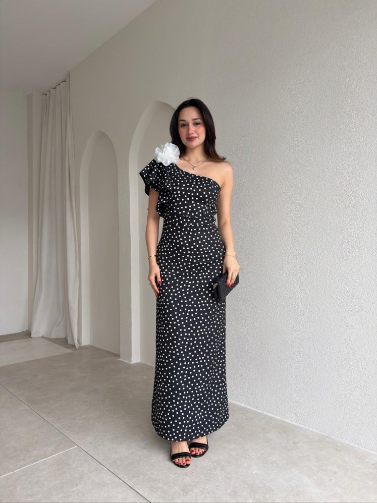 PROUD Puantiyeli Tek Omuz Elbise 1809 - Siyah - Mooi Butik