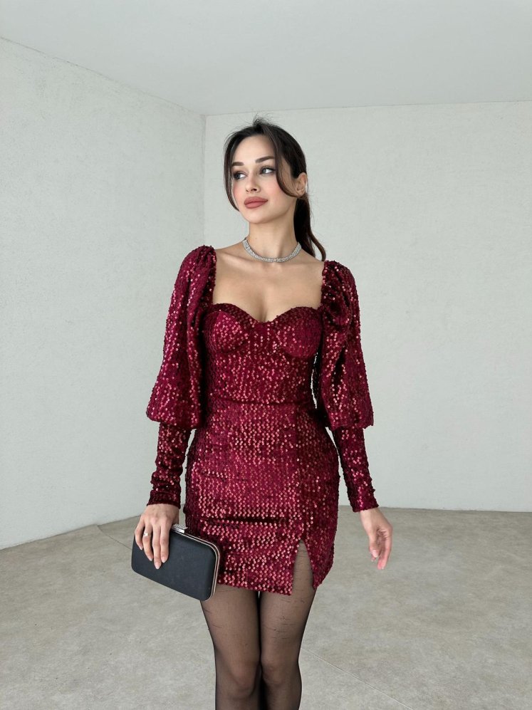 Pullu Mini KENDRİCK Elbise 2849 - Bordo - Mooi Butik