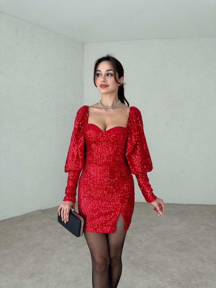 Pullu Mini KENDRİCK Elbise 2849 - Kırmızı - Mooi Butik