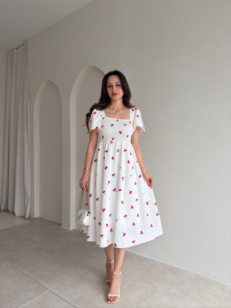 QUEEN Kirazlı Midi Elbise 5485 - Beyaz - Mooi Butik