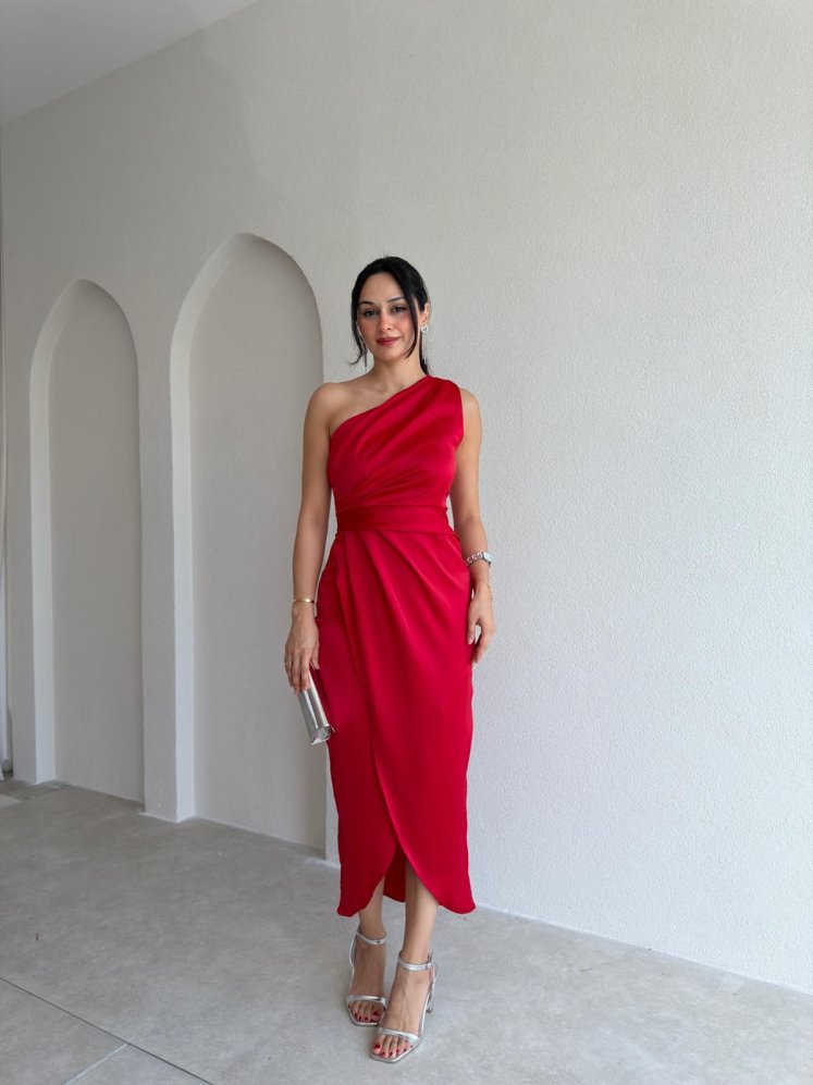 RAİNE Saten Midi Elbise 9239 - Kırmızı - Mooi Butik