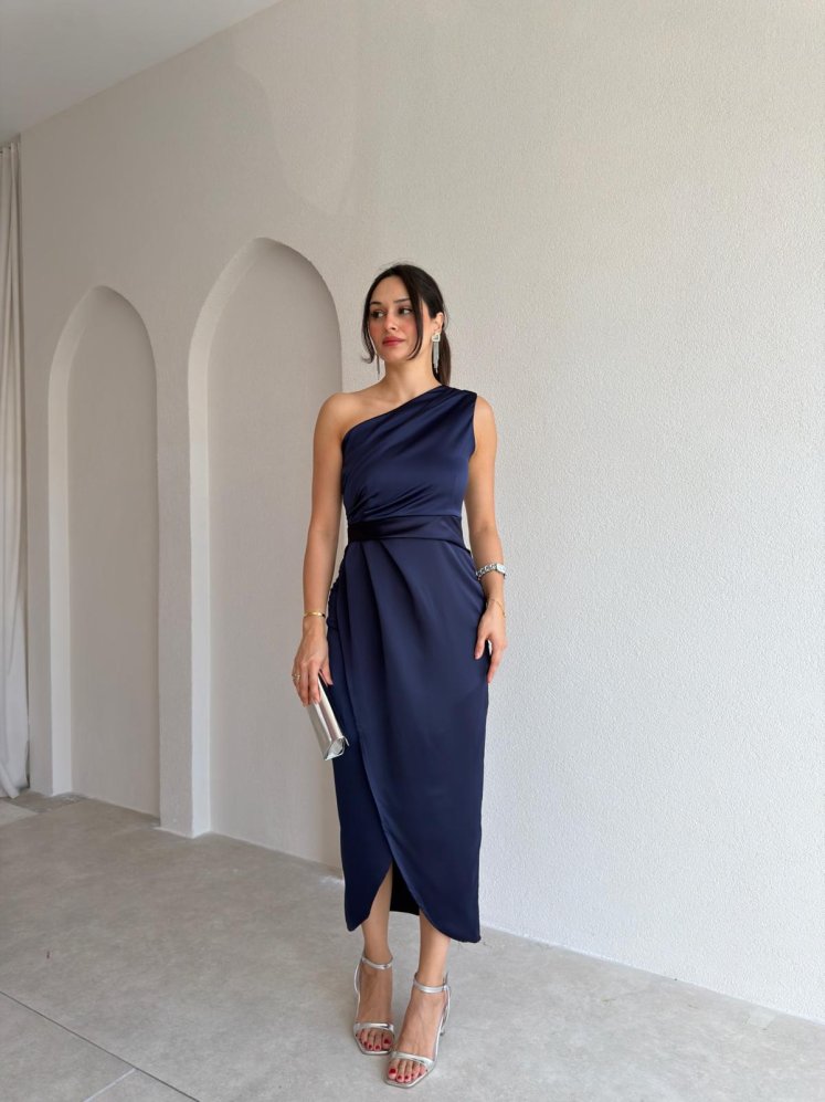 RAİNE Saten Midi Elbise 9239 - Lacivert - Mooi Butik