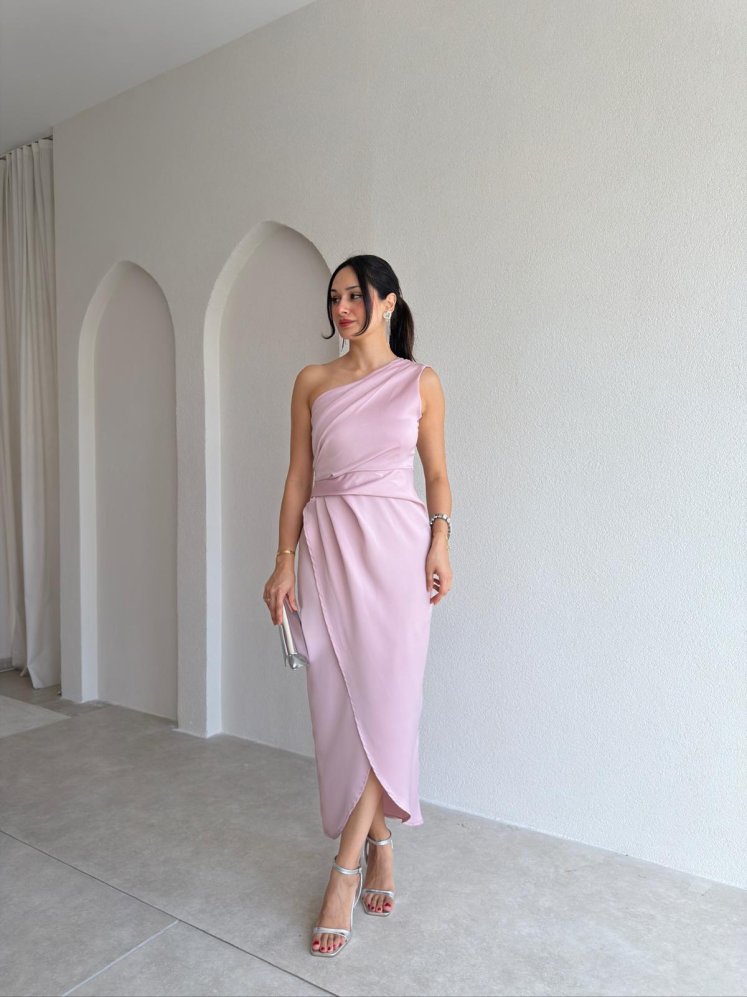 RAİNE Saten Midi Elbise 9239 - Pudra - Mooi Butik