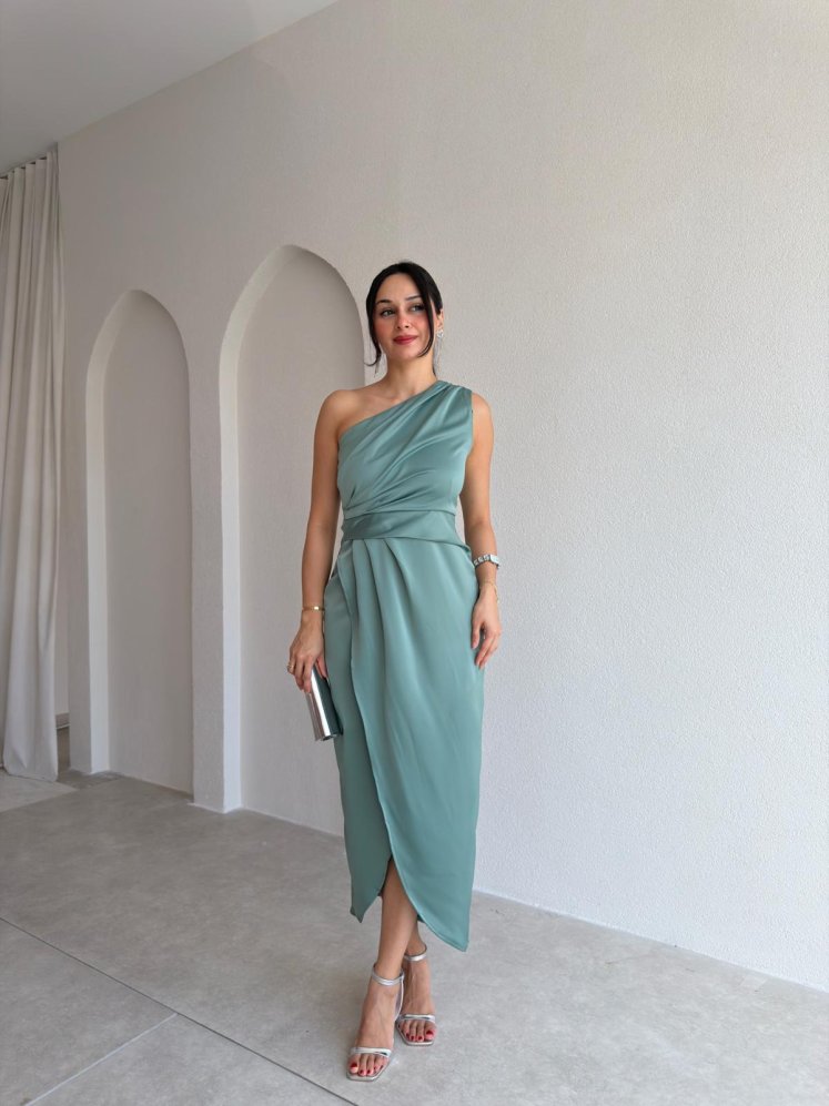 RAİNE Saten Midi Elbise 9239 - Yeşil - Mooi Butik