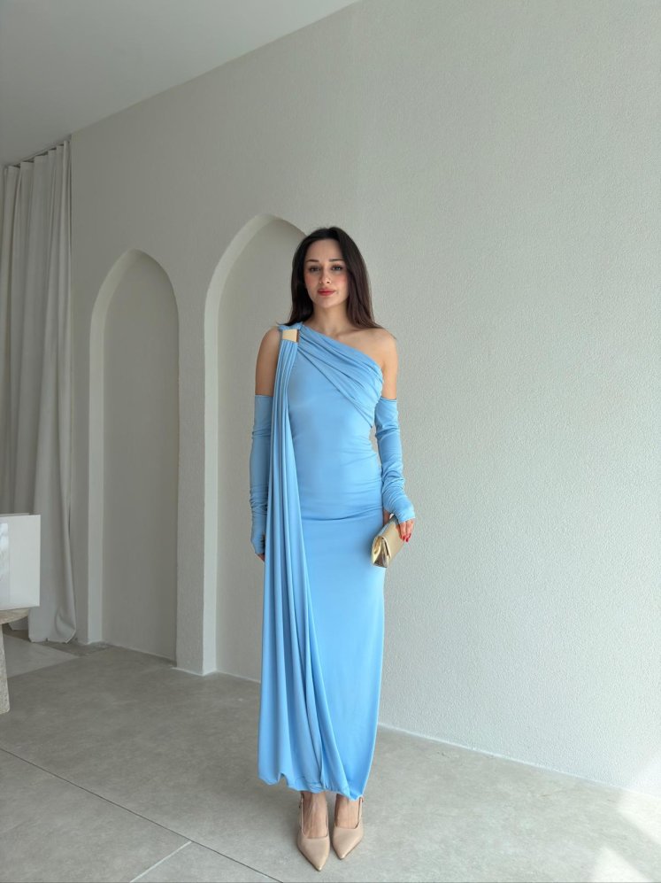 RAMSEY Midi Elbise 3489 - Bebe Mavisi - Mooi Butik