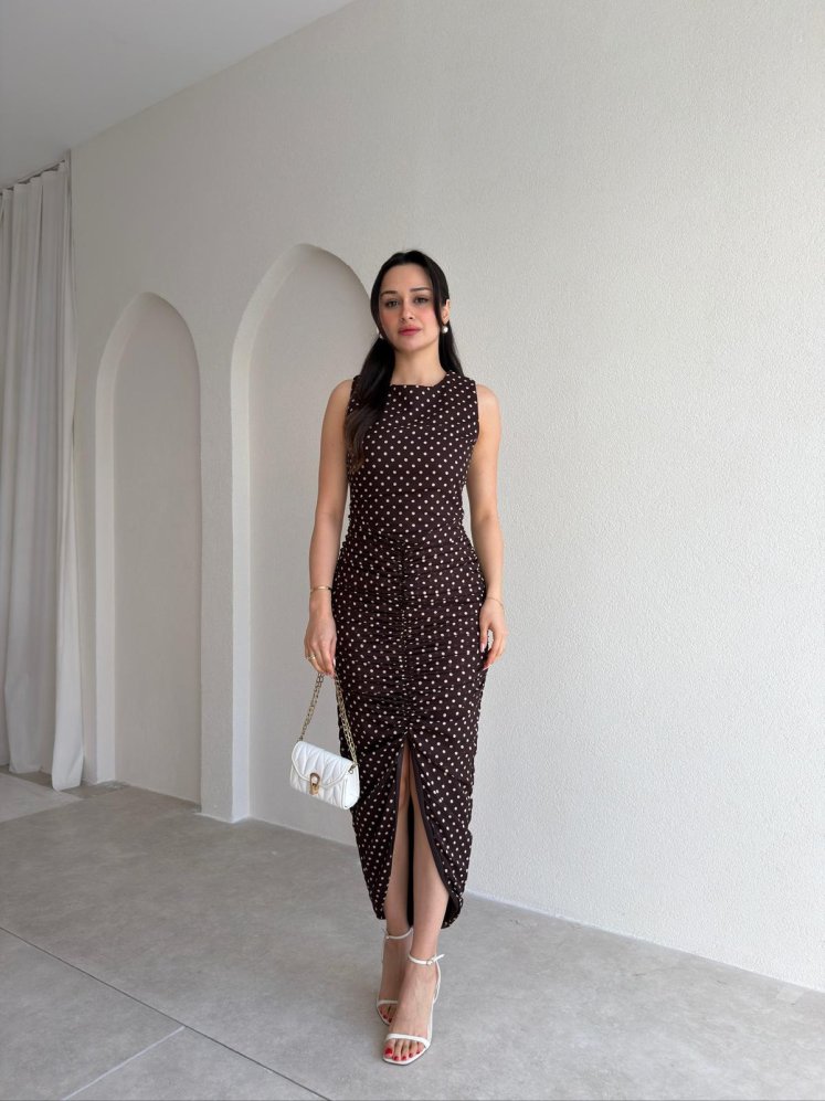  RAPENS Drapeli Puantiyeli Elbise 4981 - Acı Kahve - Mooi Butik