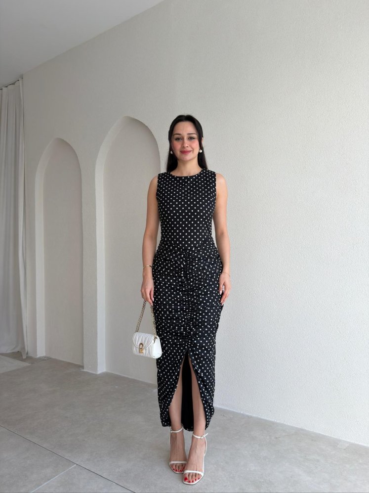 RAPENS Drapeli Puantiyeli Elbise 4981 - Siyah - Mooi Butik