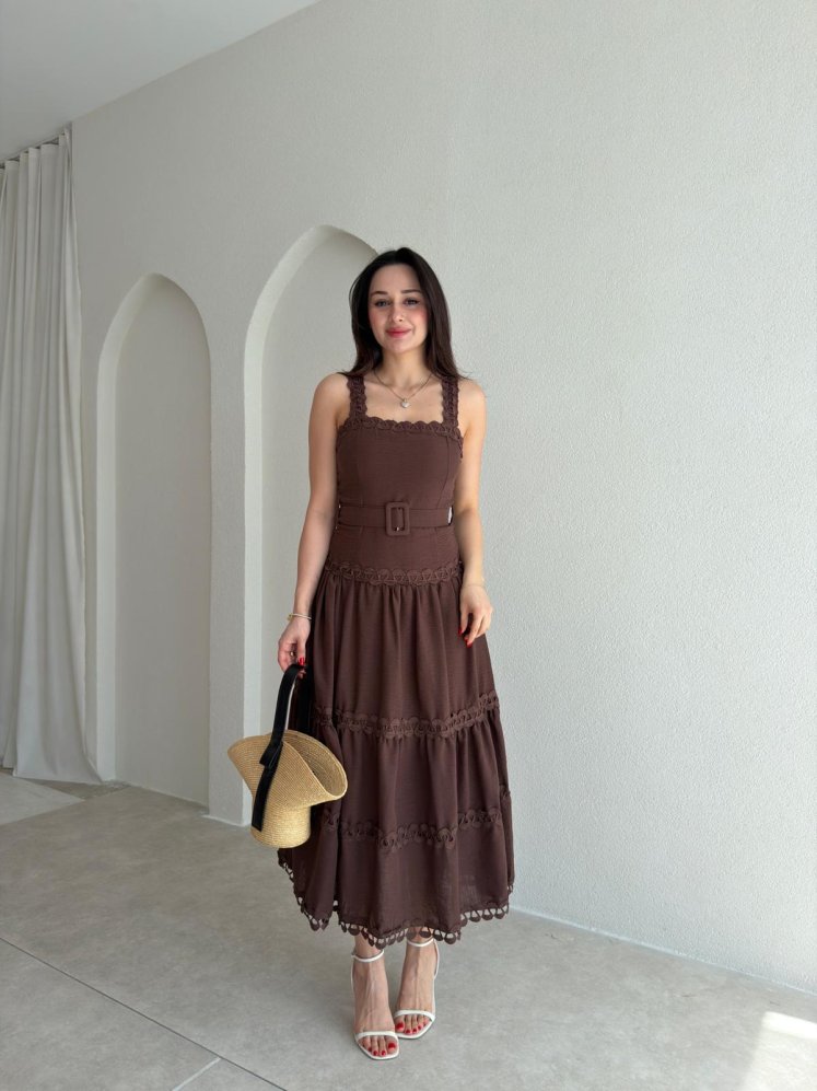RAUN Kemerli Midi Elbise 8966 - Acı Kahve - Mooi Butik