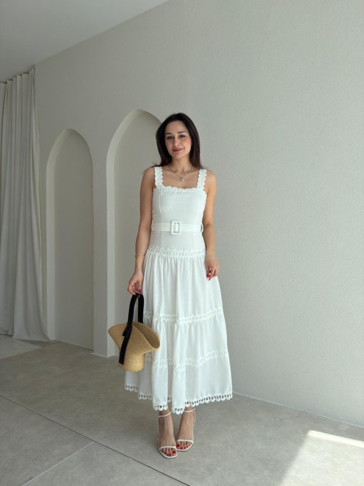 RAUN Kemerli Midi Elbise 8966 - Beyaz - Mooi Butik