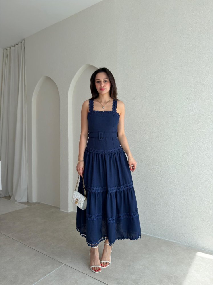 RAUN Kemerli Midi Elbise 8966 - Lacivert - Mooi Butik