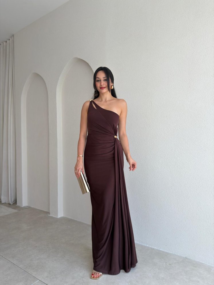 RAYA Tek Omuz Maxi Elbise 3741 - Acı Kahve - Mooi Butik