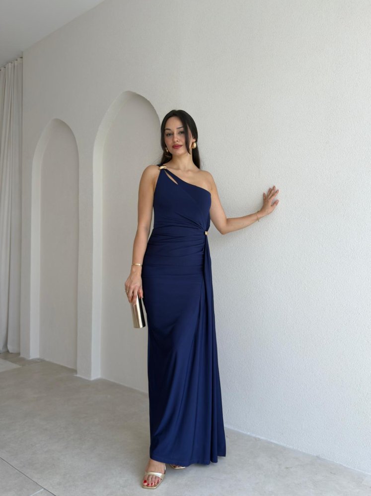 RAYA Tek Omuz Maxi Elbise 3741 - Lacivert - Mooi Butik