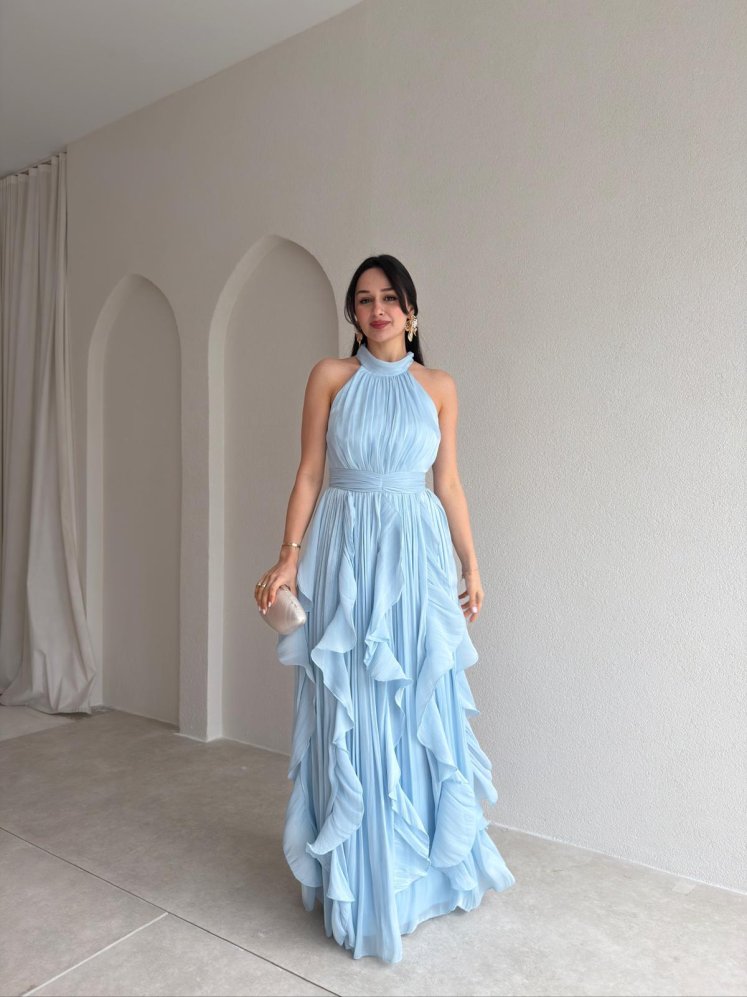 REBECA Halter Yaka Maxi Elbise 3772 - Bebe Mavisi - Mooi Butik