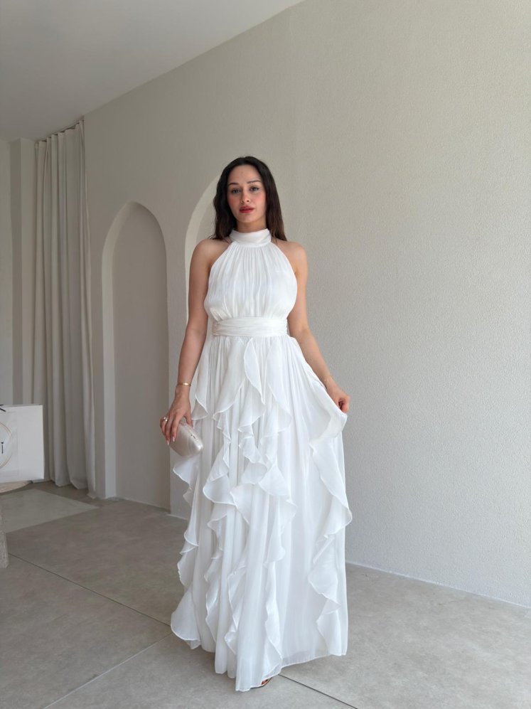 REBECA Halter Yaka Maxi Elbise 3772 - Beyaz - Mooi Butik