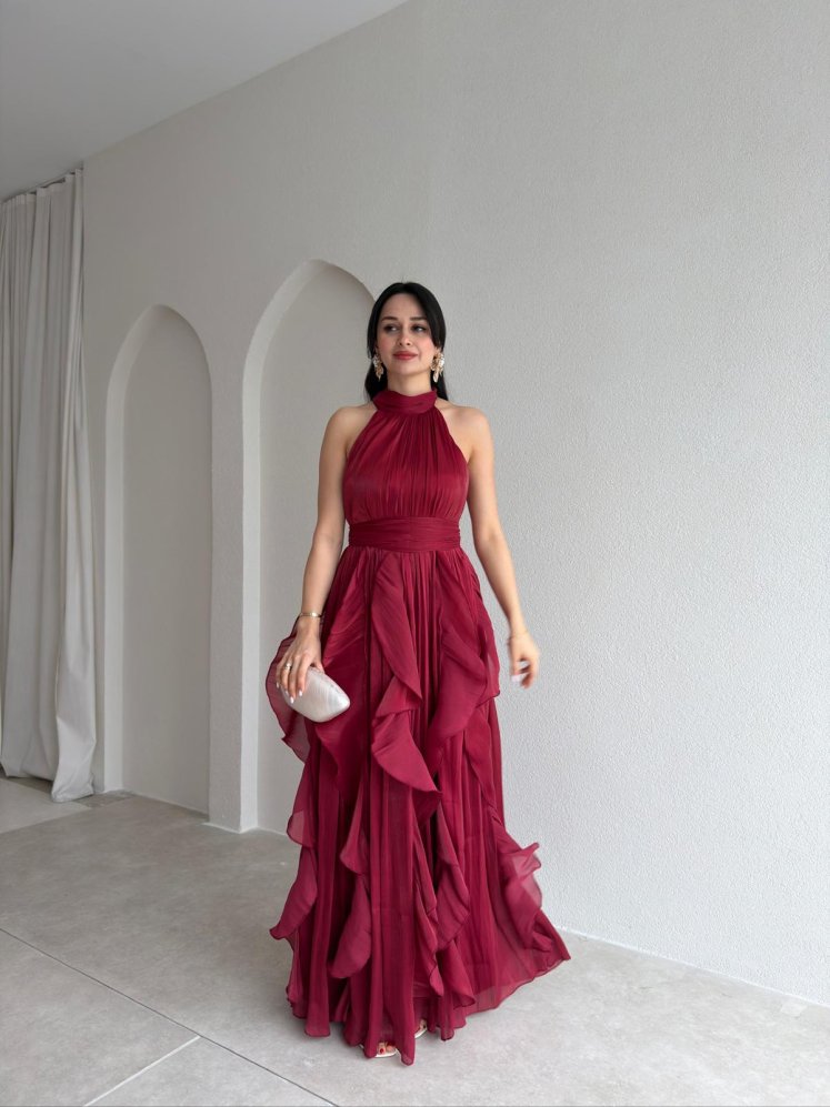 REBECA Halter Yaka Maxi Elbise 3772 - Bordo - Mooi Butik
