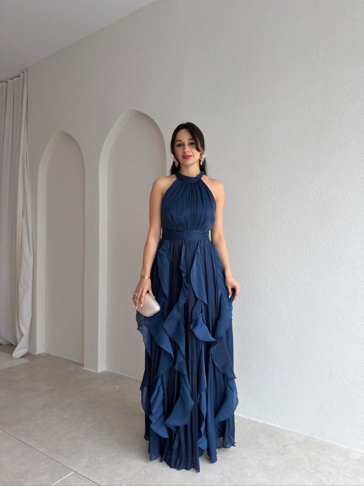 REBECA Halter Yaka Maxi Elbise 3772 - Lacivert - Mooi Butik